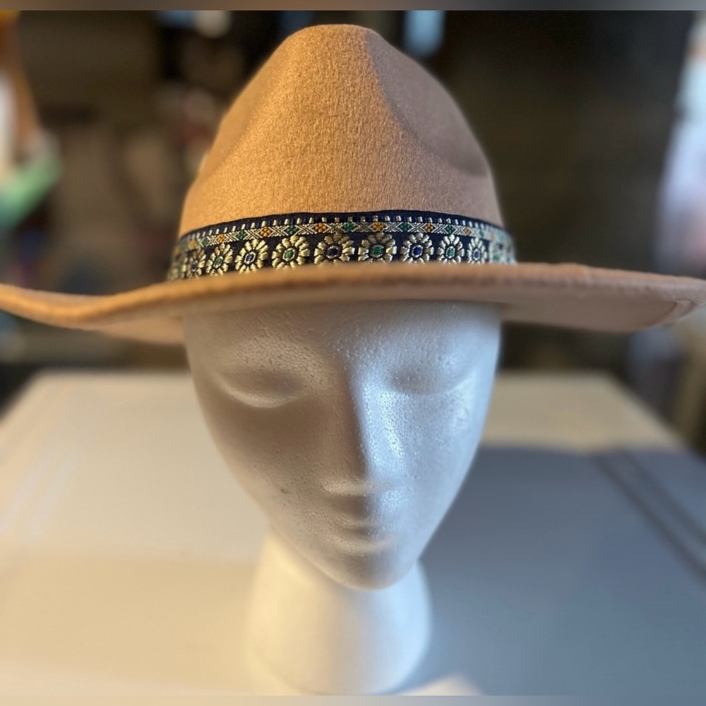 Tan Felt Hat with Embroidered Band - Picture 2 of 4